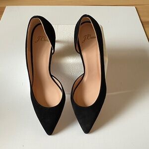 J. Crew Black suede heels with side cutout.
